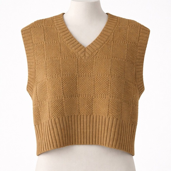 Le Bemio Atelier Sweaters - Hand Knit Checkerboard Textured V Neck Sweater Vest Brown M Wool Cottagecore Y2K